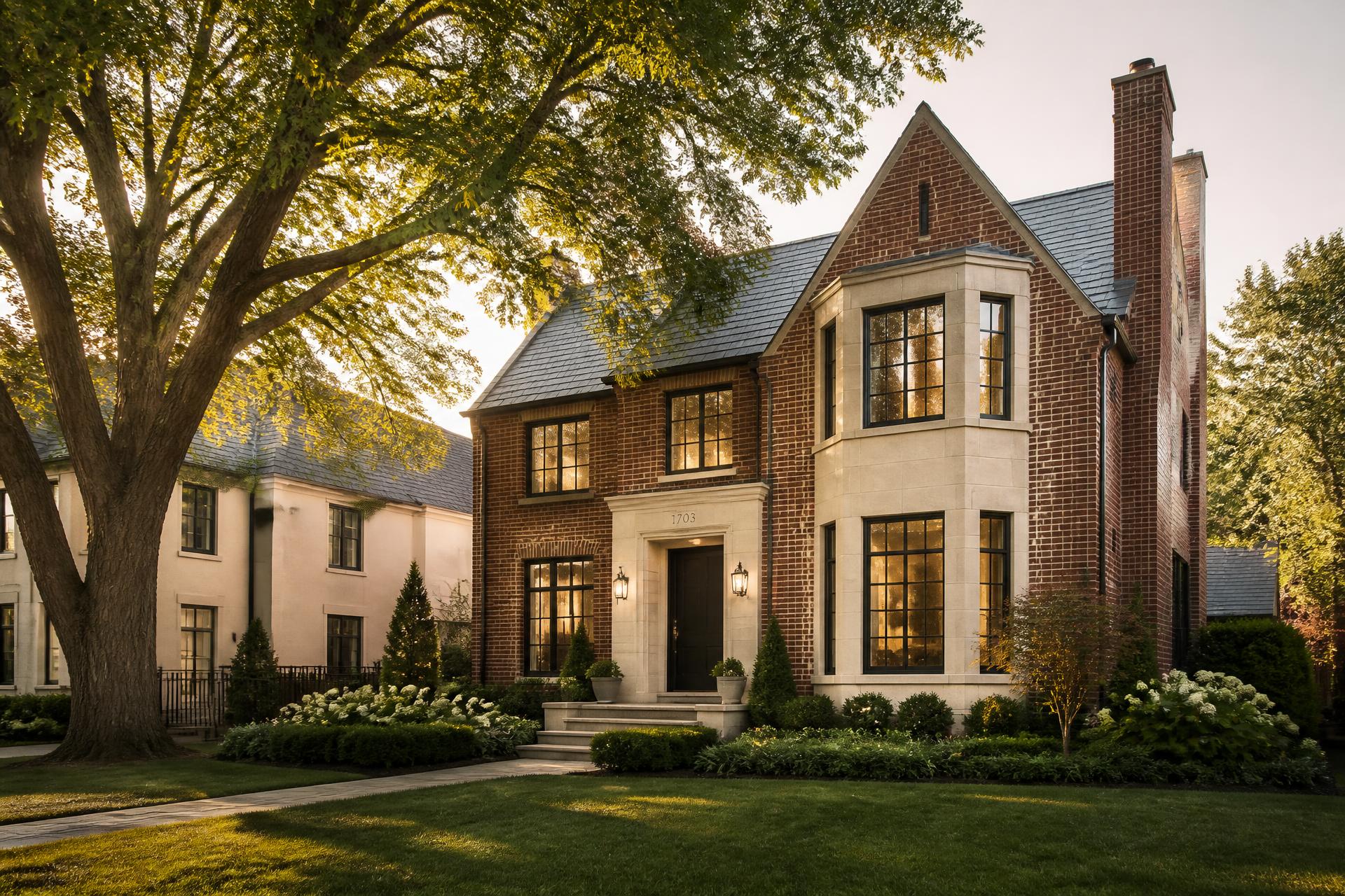 Brick and limestone home in a Columbus, Ohio neighborhood at golden hour
